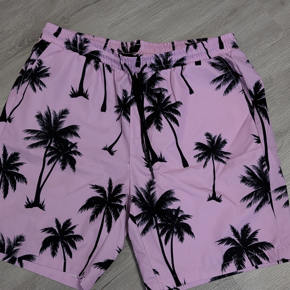 Men's Pink and Black Palm Tree Swim Shorts